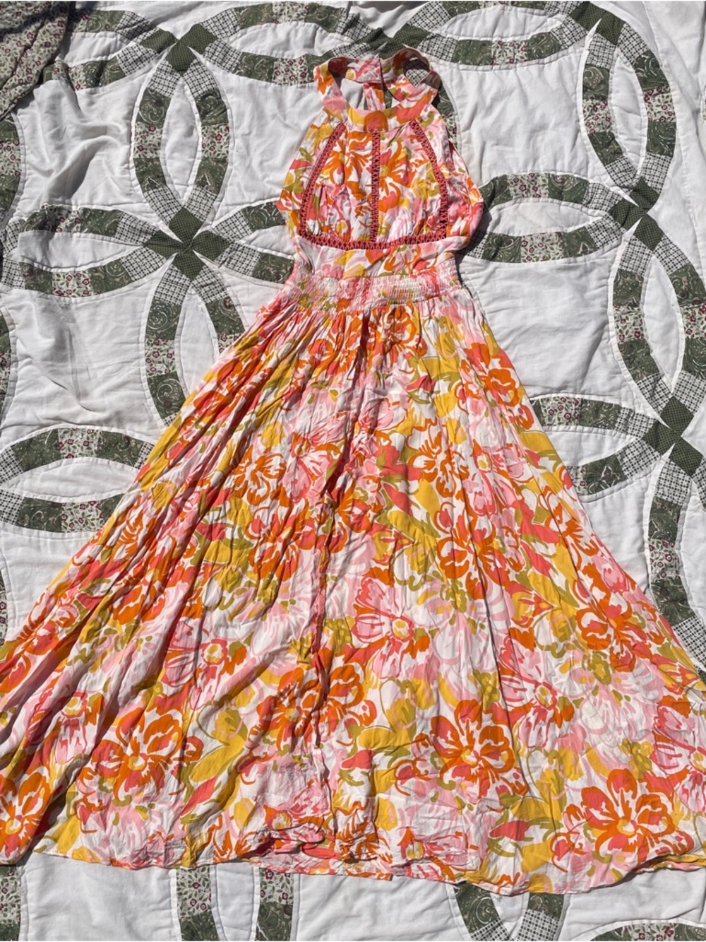 Anthropologie Floral Halter Maxi Dress Pink Orange Size Small Summer